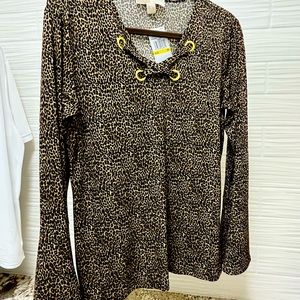 NWT Michael Kors Leopard Print Top.  V-neck with Crisscross, Bell sleeves Size M